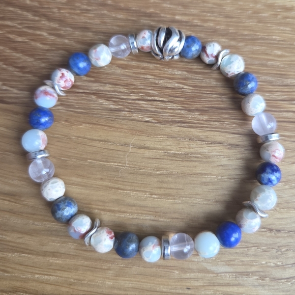 Hand Crafted Jewelry - Aqua Terra Jasper & Lapis Lazuli Stretch Beads Bracelet, Hand Crafted